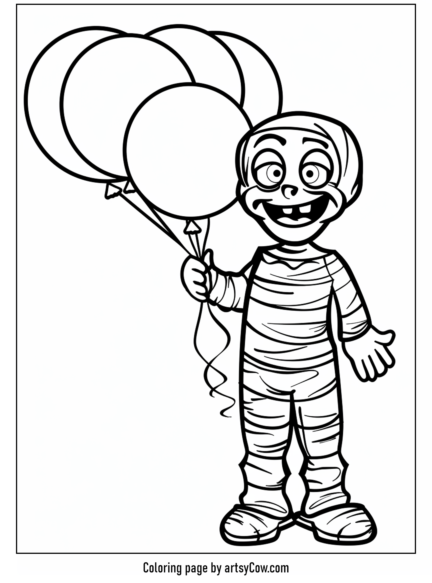 free halloween coloring pages for kids and adults, featuring a cheerful mummy holding a bunch of large balloons, ready for coloring.